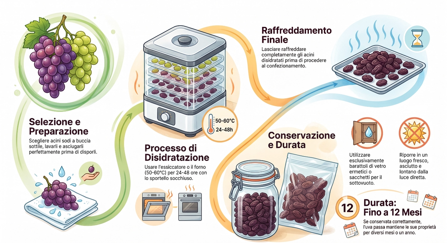 Infografica su come preparare l'uva essiccata