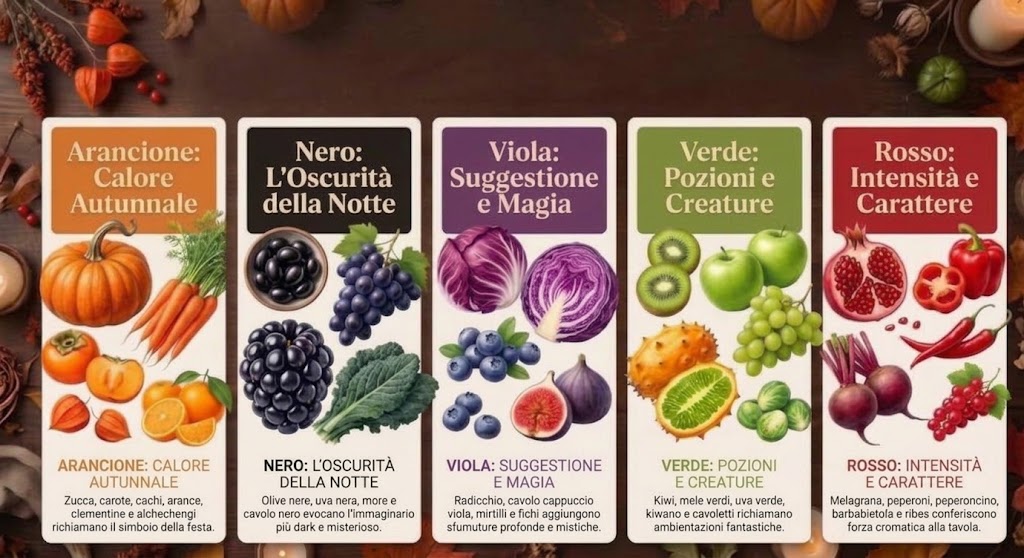 Infografica sui colori di Halloween rappresentati da frutta e verdura